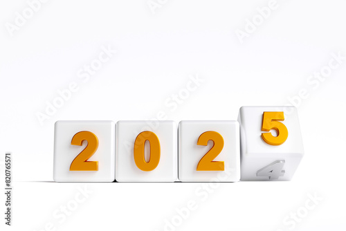 Cube with 2024 flips over replaced by the latest 2025 on white background for New Year ideas and goals to get started