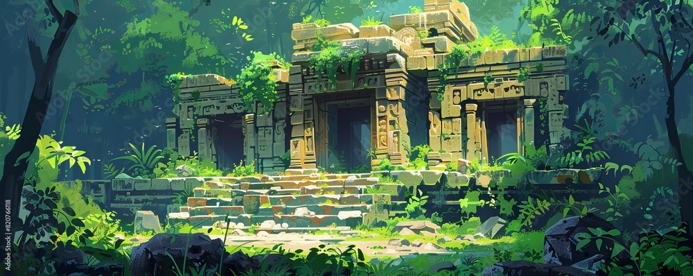 An ancient temple hidden within a dense jungle, its crumbling stone structures adorned with intricate carvings and overgrown vegetation. illustration. An ancient temple hidden within a dense jungle, its crumbling stone structures adorned with intricate carvings and overgrown vegetation. illustration.