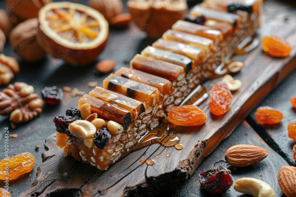 A wooden board topped with nuts and dried fruit. Suitable for food and nutrition concepts A wooden board topped with nuts and dried fruit. Suitable for food and nutrition concepts