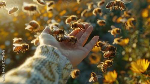 A person holding a bunch of bees in their hand. Suitable for beekeeping concept