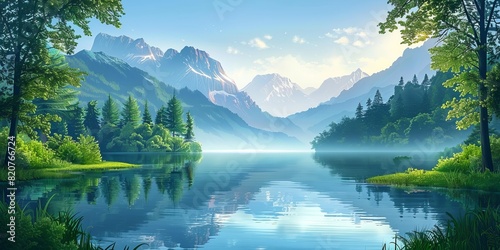 Beautiful landscape of a warm evening on the lake. Amazing lake with a green clearing of lush grass against the backdrop of magnificent mountains and forest. illustration