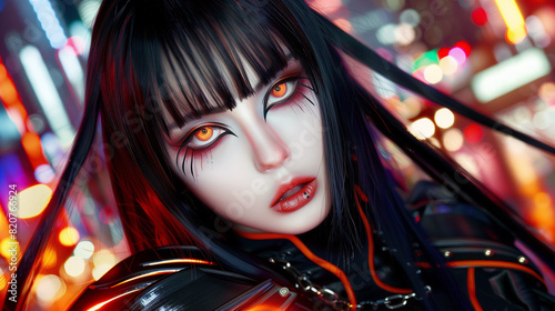 A young woman radiates joy at a Halloween parade, her intricate makeup a fusion of Japanese and gothic styles. Her eyes sparkle, reflecting the vibrant city lights. © stefanholm