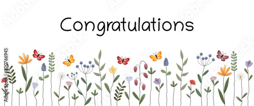 Congratulations - Schriftzug in englischer Sprache - Glückwunsch. Banner mit bunten Blumen und Schmetterlingen.
