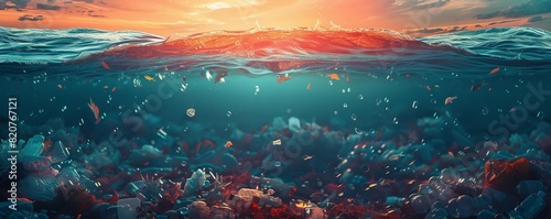Ocean filled with plastic pollution, digital art, dark hues, atmospheric photo