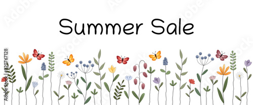 Summer Sale - Schriftzug in englischer Sprache - Sommerschlussverkauf. Banner mit bunten Blumen und Schmetterlingen.