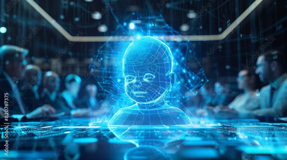 Holographic image of a newborn baby being the centerpiece of a business conference discussion Holographic image of a newborn baby being the centerpiece of a business conference discussion