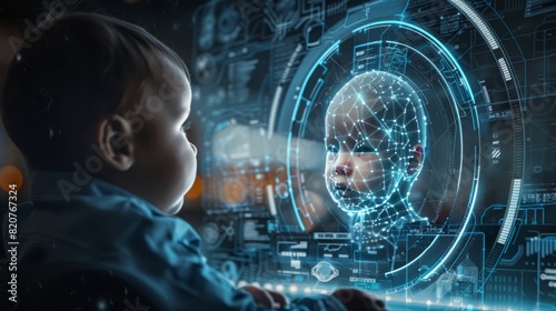 Holographic image of a newborn baby being the centerpiece of a business conference discussion
