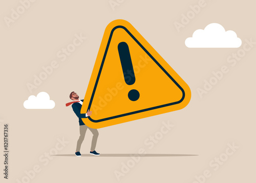 Businessman hold of exclamation attention sign. Incident management, root cause analysis or solving problem, identify risk or critical failure concept. Vector illustration.