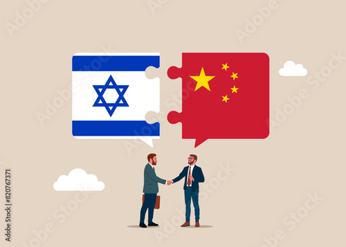 Bilateral political relations and cooperation between Israel and China. Business people shaking hand after business deal. 