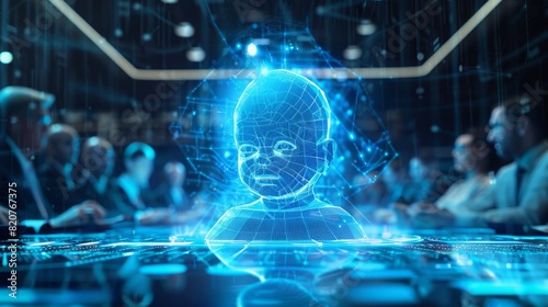 Holographic image of a newborn baby being the centerpiece of a business conference discussion