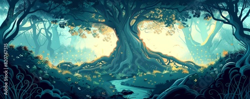 An enchanted forest where ancient magic flows through the air like a gentle breeze, its secrets hidden within the twisted roots of ancient trees and the murmuring of hidden streams, a realm of wonder