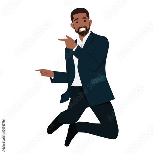 IT businessman corporate lawyer wear formal shirt tie work in office point index finger aside. Flat vector illustration isolated on white background