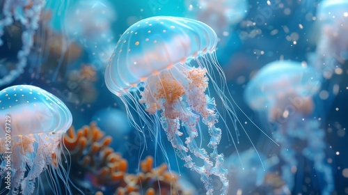 Plastic bag jellyfish swimming among coral reefs  illustration  soft blues  ethereal