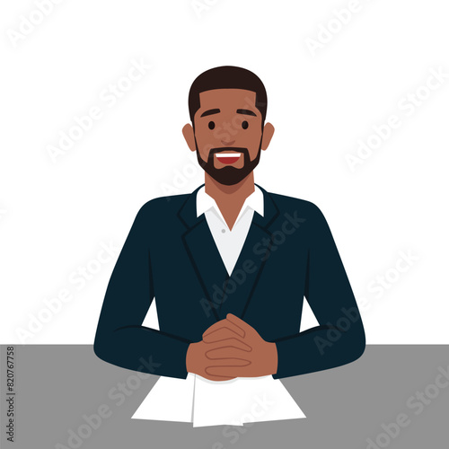 Young black man applicant or candidate during job interview by recruiter. Flat vector illustration isolated on white background