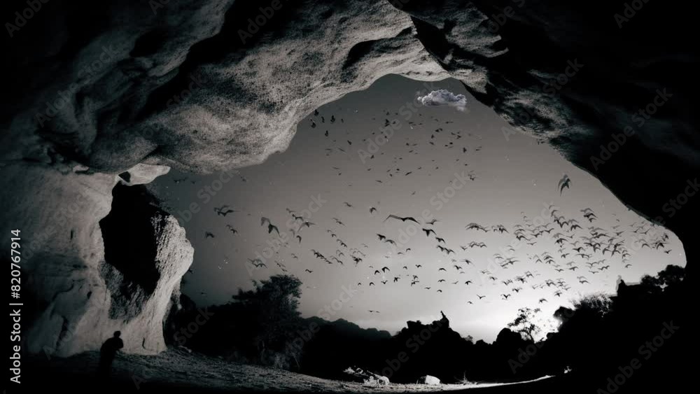 AI generated digital of a folck of birds flying out from a  rocky cave with shiny sky at night