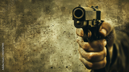 A man is holding a gun in his hand. The gun is black and he is a handgun. The man is wearing a leather jacket and he is in a dark, moody setting