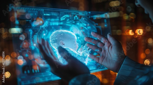 Holographic image of a newborn baby being the centerpiece of a business conference discussion