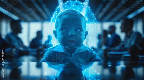Holographic newborn baby projected in the middle of a round table surrounded by business professionals
