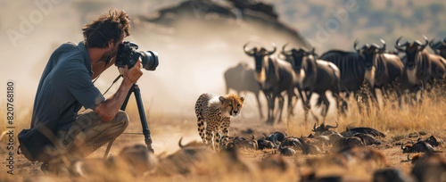 A wildlife photographer with his telephoto lens is taking pictures of the great wildebeest herd in their natural habitat