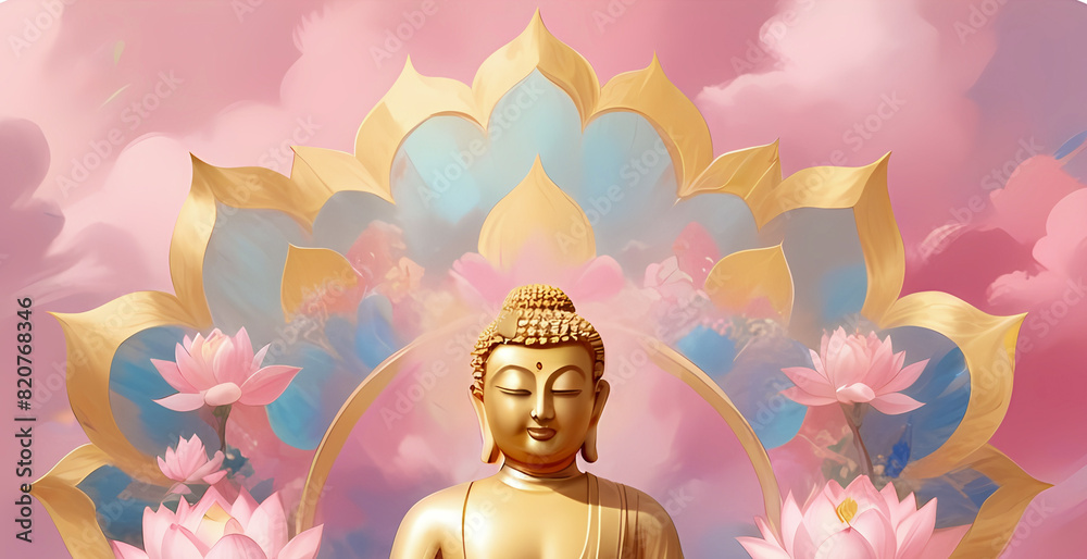 A golden Buddha statue sitting in pink lotus, meditation, spiritual awakening, illustration wallpaper 