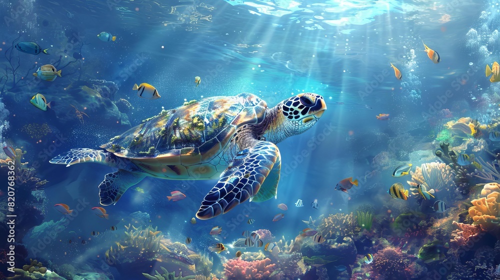Obraz premium Sea turtles and fish in a plastic ocean, digital painting, soft hues, realistic