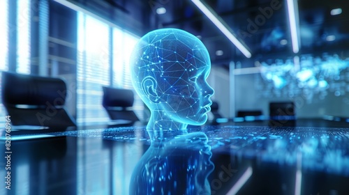 Innovative business meeting with a central hologram of a newborn baby on a digital screen table