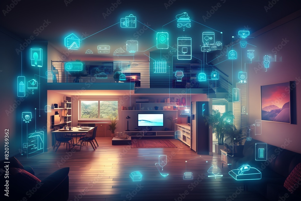 Smart home devices communicating wirelessly, Futuristic, Clean, Digital illustration, IoT, seamless connectivity, hightech home, Smart home devices communicating wirelessly, Futuristic, Clean, Digital illustration, IoT, seamless connectivity, hightech home,