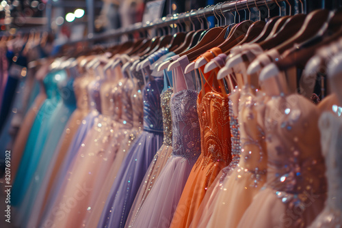 Elegant formal dresses on display in a luxury modern boutique. Prom, wedding, evening, and bridesmaid gowns available for rent for various occasions and events. photo