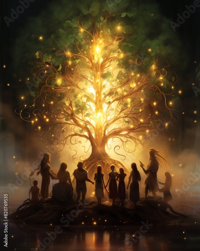 A family tree with glowing branches and roots, Fantasy, Soft greens, Digital illustration, family heritage, growth, connection,