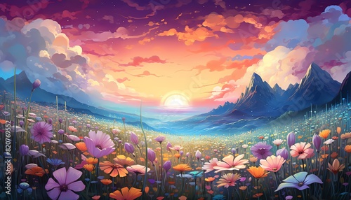 A field of flowers under a holographic sky, Fantasy, Bright colors, Digital painting, nature, beauty, surreal, photo