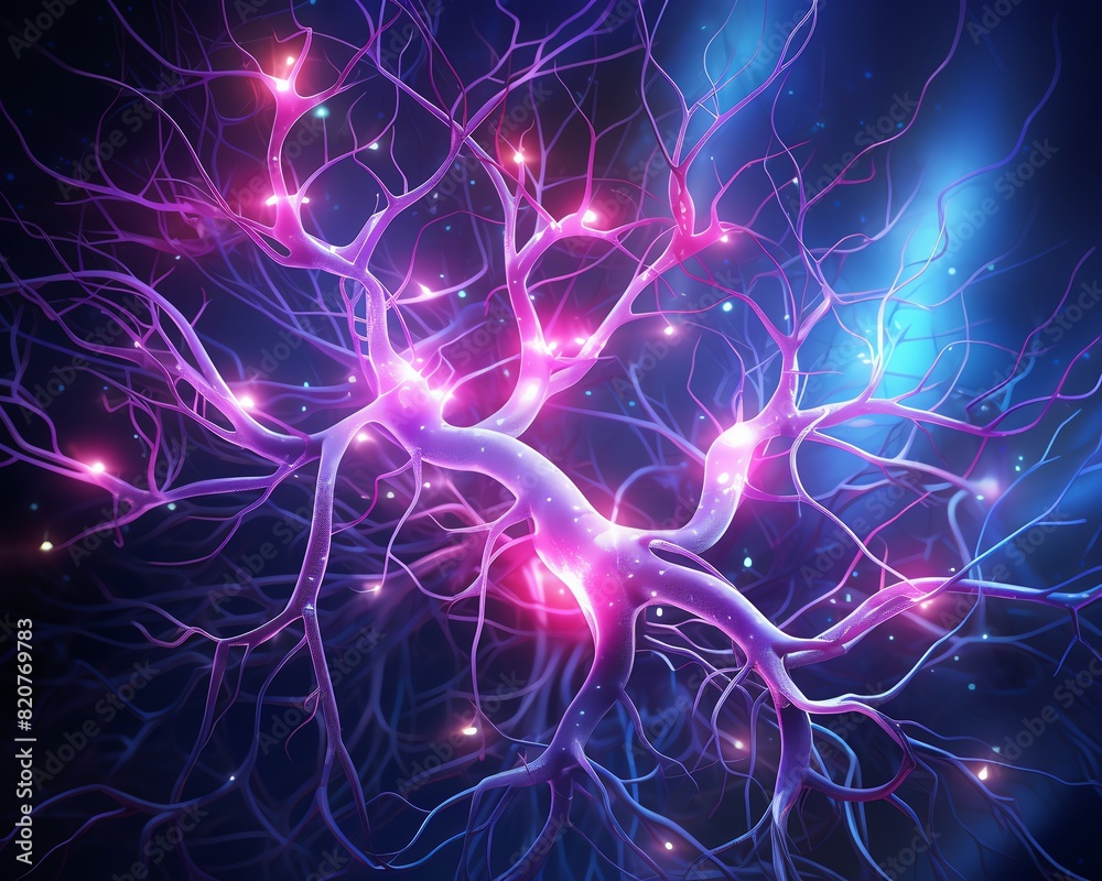 Obraz premium Neural connections glowing with colorful light, Cyberpunk, Dark tones, Digital illustration, brain activity, neural growth, hightech,