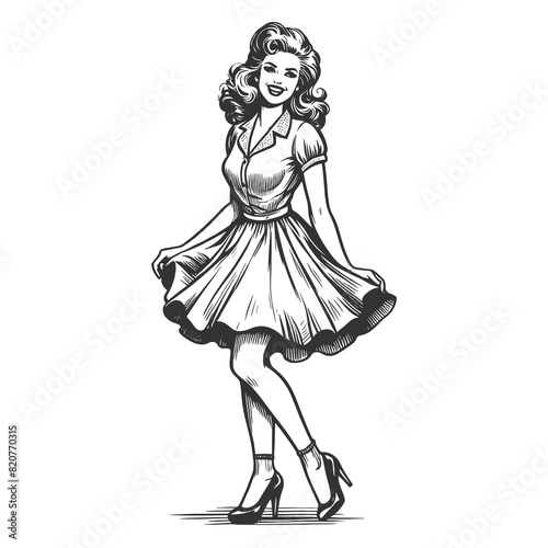 elegant retro dancer captured mid-movement, her flowing dress and poised stance emphasizing the timeless grace of classic dance sketch engraving generative ai fictional character raster illustration. 