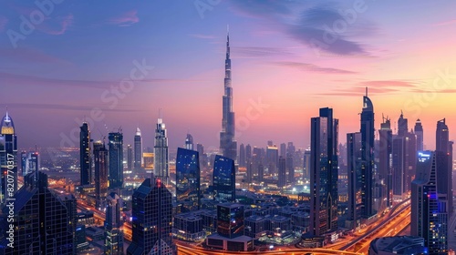 A city skyline at dusk with skyscrapers and lights, offering a sophisticated urban backdrop