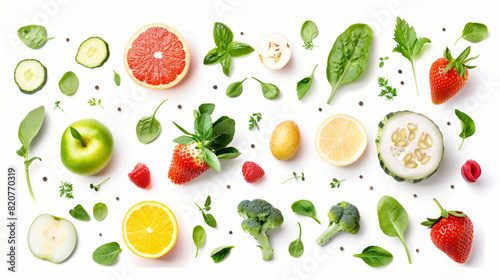 Fresh vegetables and fruits on white background