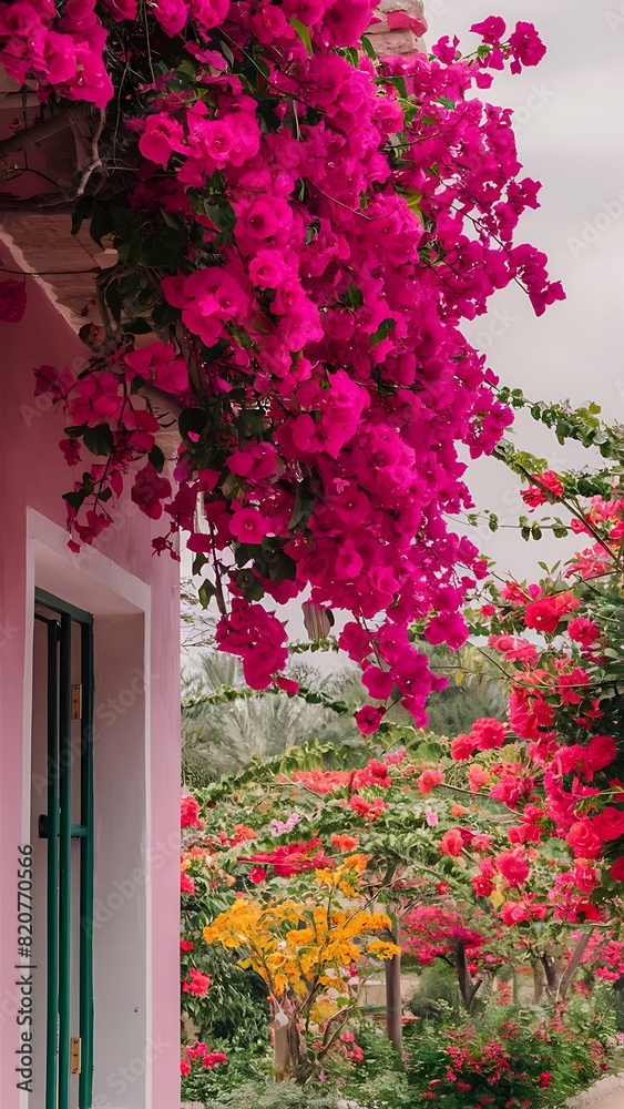 Fototapeta premium Pink wall covered with magenta bougainvillea flowers floral background typical mediterranian street exterior botanical garden scenic image of flowering orchard in spring time beauty of earth