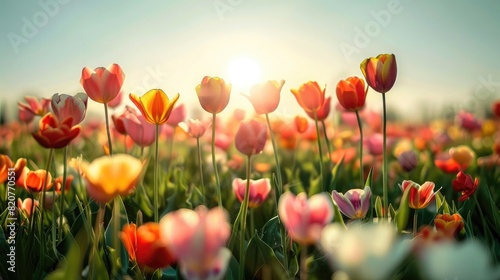 A field of blooming flowers in spring  showcasing a variety of vibrant colors under a clear sky
