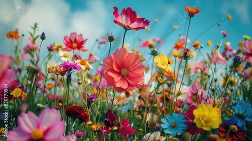 A field of blooming flowers in spring, showcasing a variety of vibrant colors under a clear sky