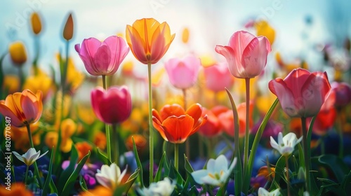 A field of blooming flowers in spring, showcasing a variety of vibrant colors under a clear sky © ULTRAWORKS
