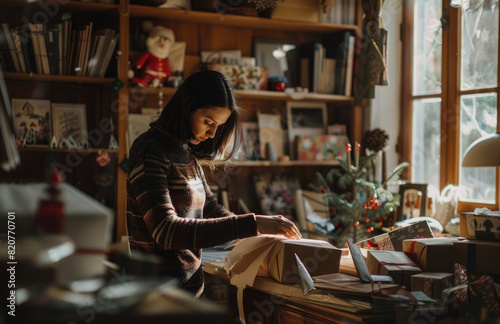 A woman in her home is wrapping Christmas gifts, surrounded by boxes and ribbons © Kien