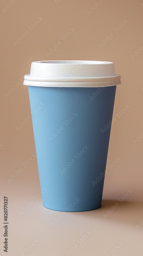 Blue paper coffee cup with white lid on beige background Blue paper coffee cup with white lid on beige background
