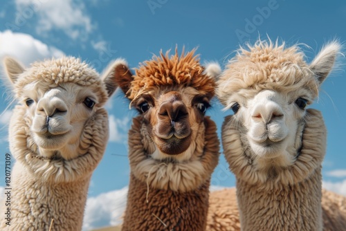 Three llamas standing together in a field. Suitable for animal farm or agriculture concepts