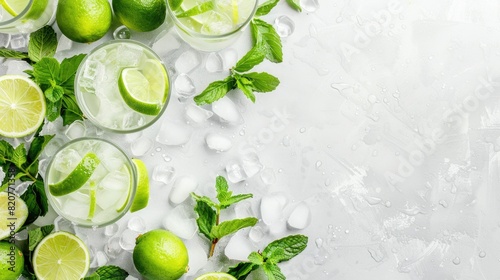 A refreshing beverage made of water, limes, and mint leaves in a glass on the table, perfect for a hot day AIG50