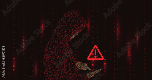 Hacking Concept. Hacker stealing information in mobile. Computer criminal uses malware on phone to hack on black background.