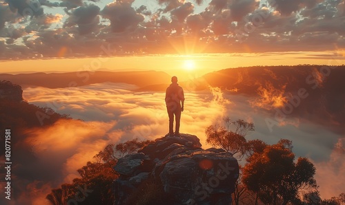 Young man standing on top of mountain during sunrise and sunset
