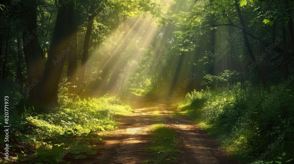 Obraz premium A serene forest path with sunlight filtering through the trees, creating a peaceful and inviting atmosphere
