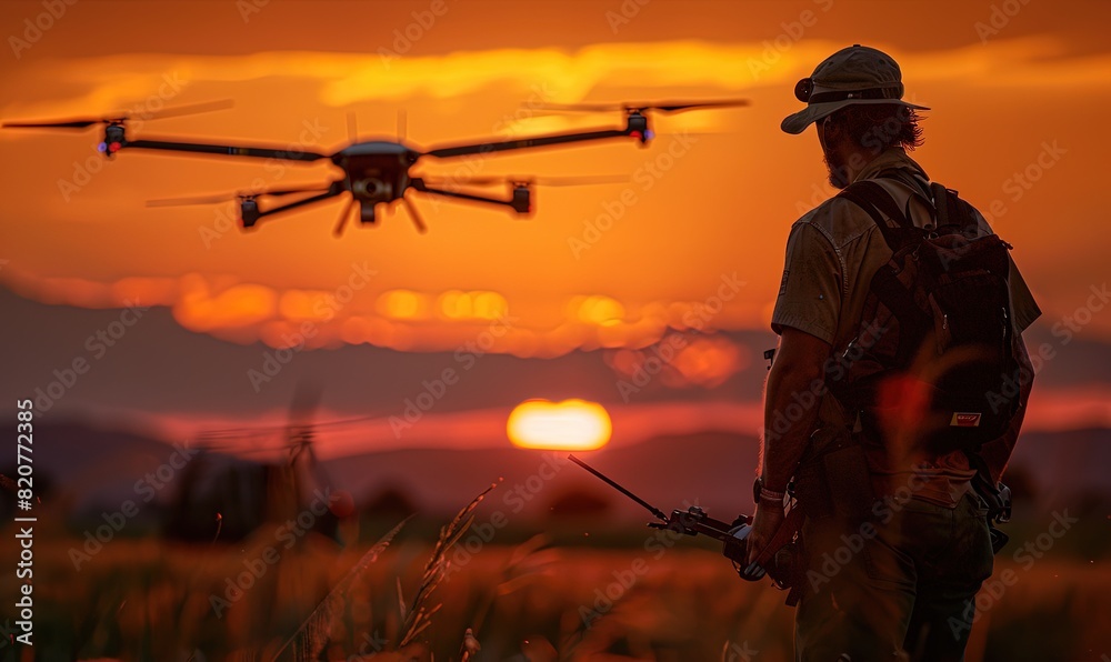 A man prepares a drone for a sunset flight, farm safety management A man prepares a drone for a sunset flight, farm safety management