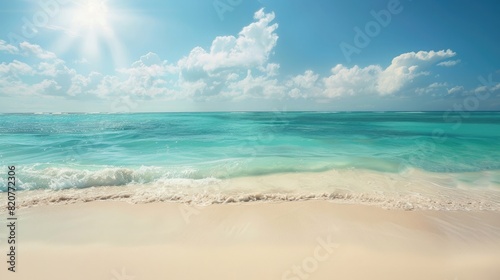 A summer beach background with clear turquoise water, white sand, and a bright, sunny sky