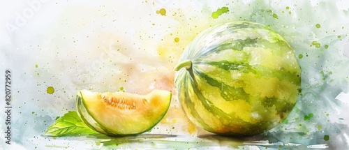 Galia melon Fruit in Stunning Watercolor. photo