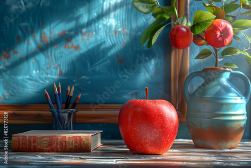 3D render apple with school colorful books and pen cup on table near chalkboard