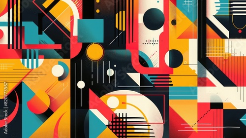 An abstract background with a mix of geometric shapes and lines in bright  contrasting colors